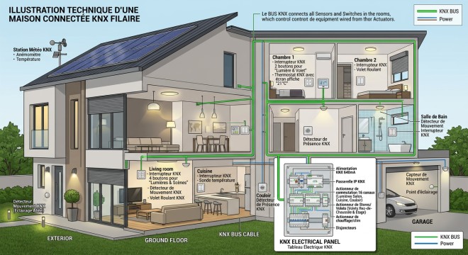 Illustration d'une installation KNX Filaire