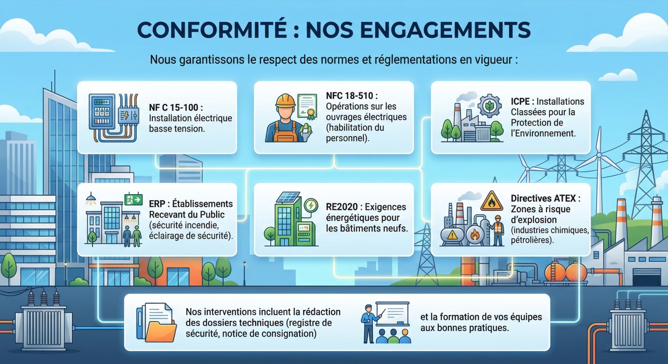 Nos engagements pour la conformité des installations electriqes tertiaire et industrie