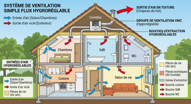 Shéma ventilation Simple flux hygroréglable